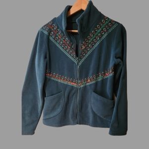 90s Coline Medium Teal Embroidered Zipper/buttons‎ Fleecy Sweatshirt